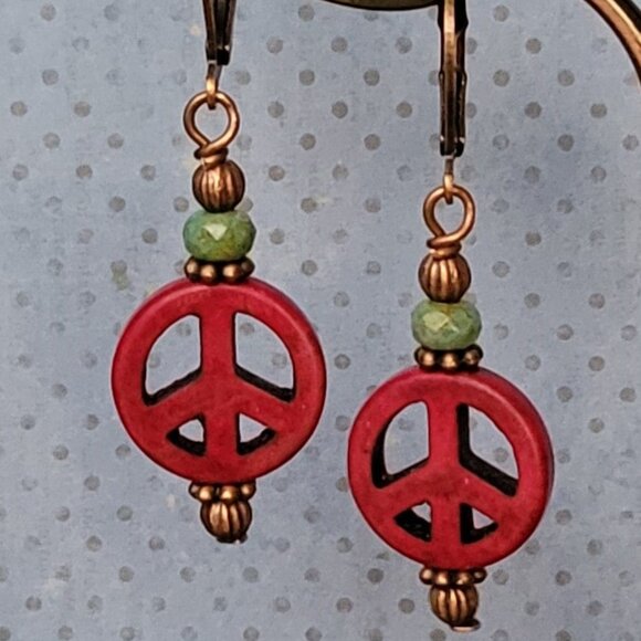 Burgundy RED Howlite Peace Sign Czech Copper Earrings Brass Lever Back Earwires - Picture 1 of 9